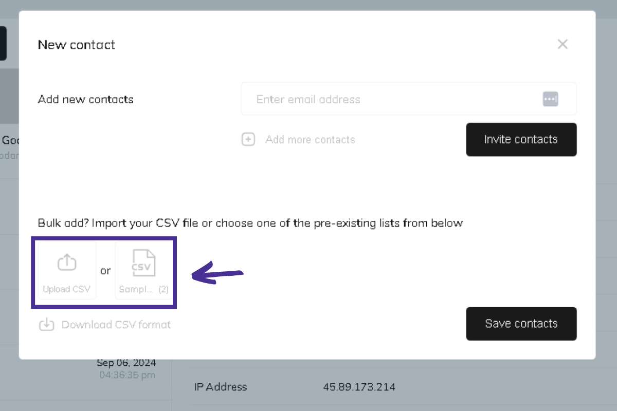 An image showing the option to upload bulk contacts on Venturz