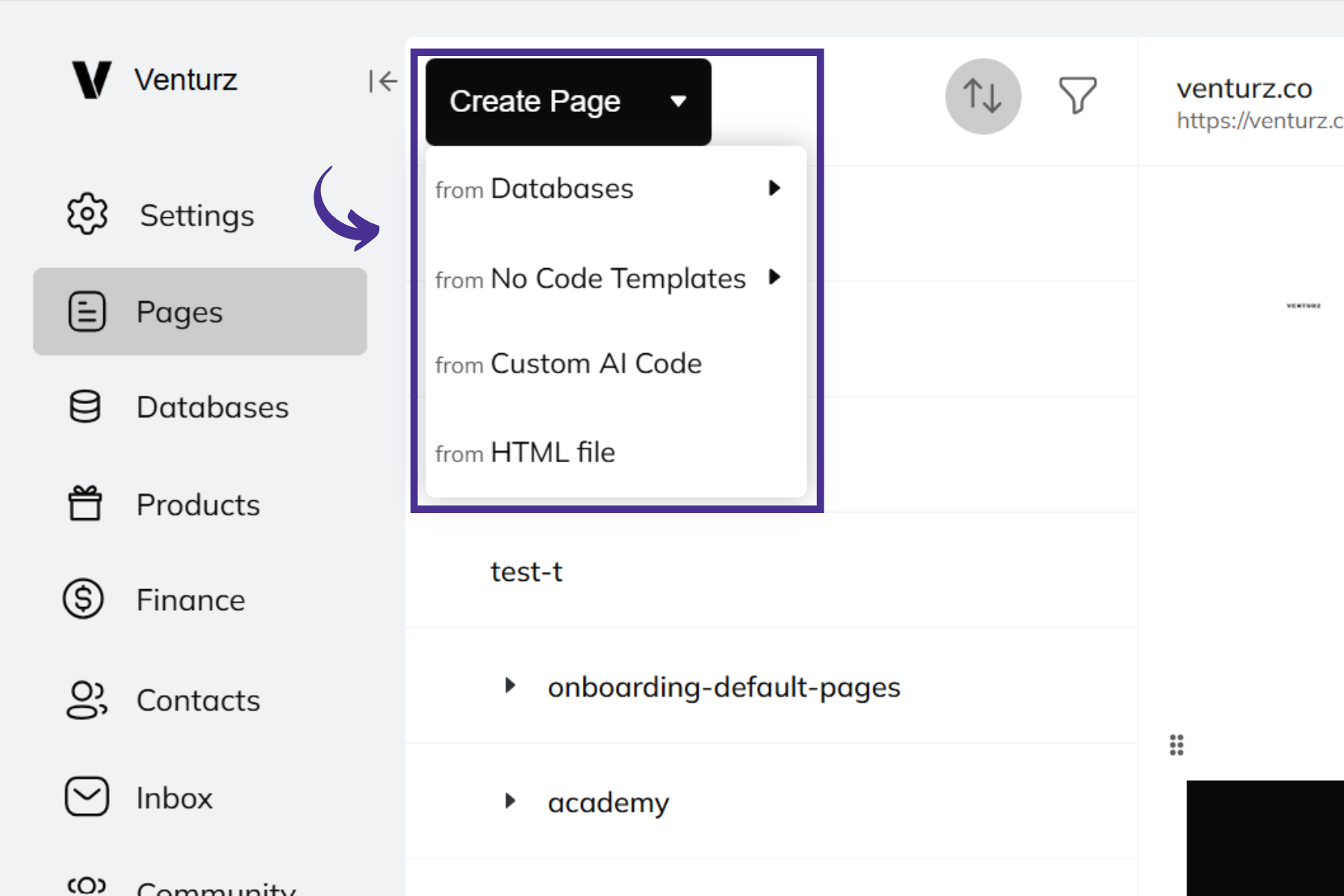 An image showing the option of creating a page in Venturz website builder