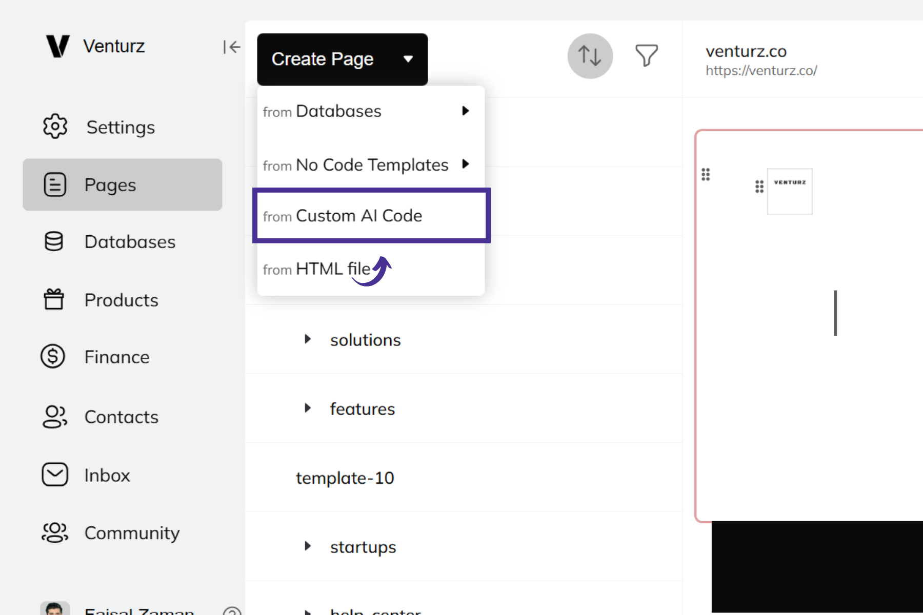 An image showing the option of using Venturz AI website builder