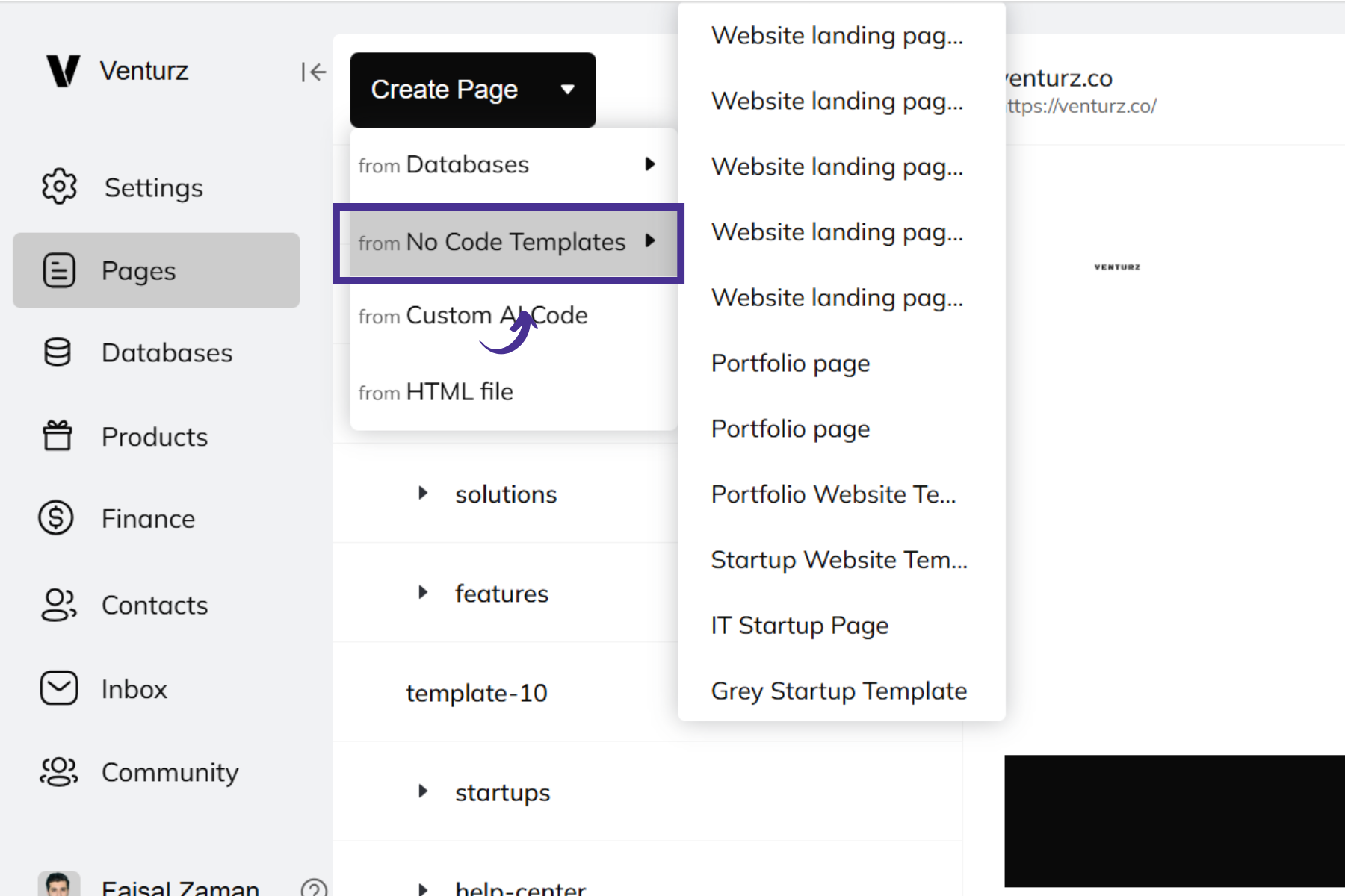 An image showing the option of selecting templates in Venturz website builder