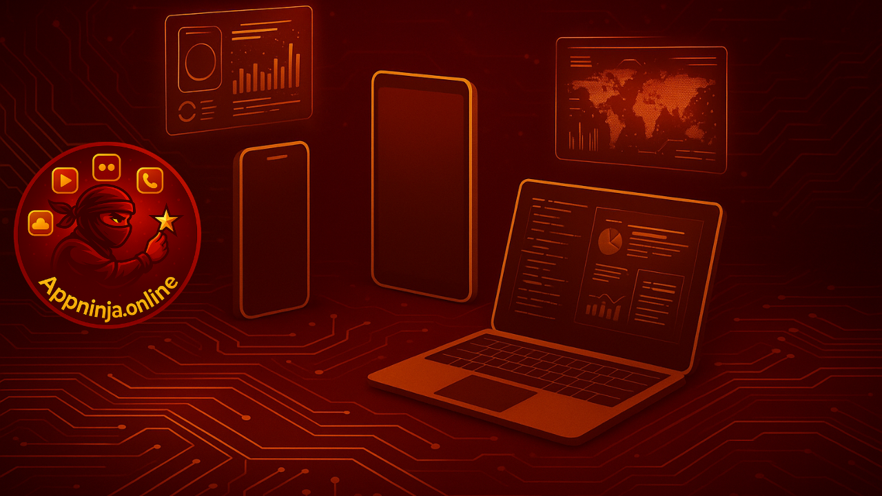alt="Appninja.online branding image showing ninja logo with digital devices and analytics dashboard in red/orange color scheme"