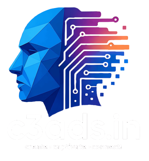 c3ads.in logo featuring a polygonal human head and circuit board design with gradient colors, representing AI-powered video ads agency in India