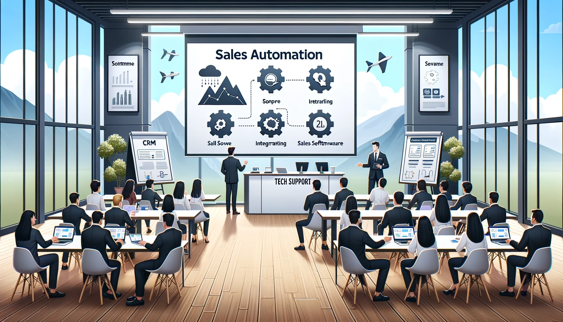 An illustration showing the a person happy with team members works