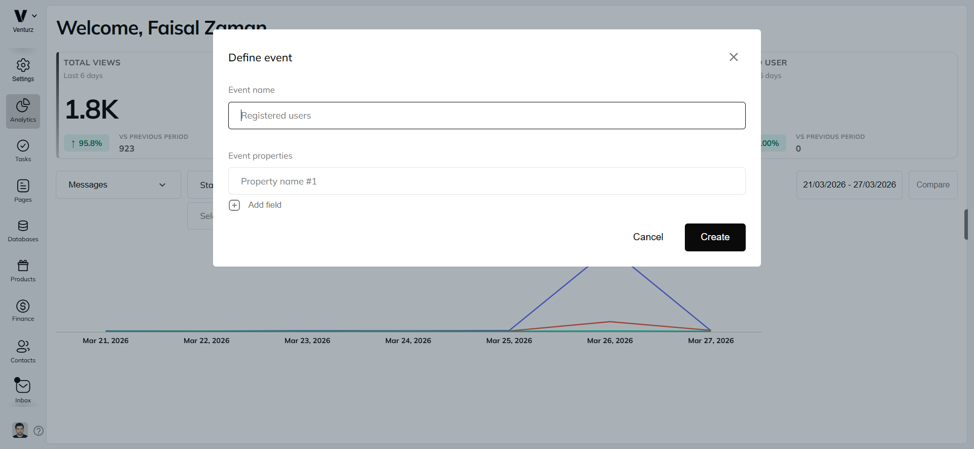 An image showing the option to track custom events in Venturz analytics software