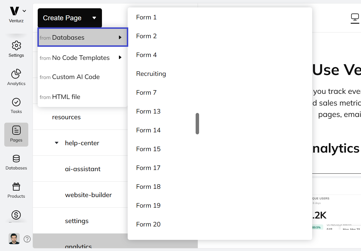 An image showing the option of using database to create bulk pages in Venturz website builder