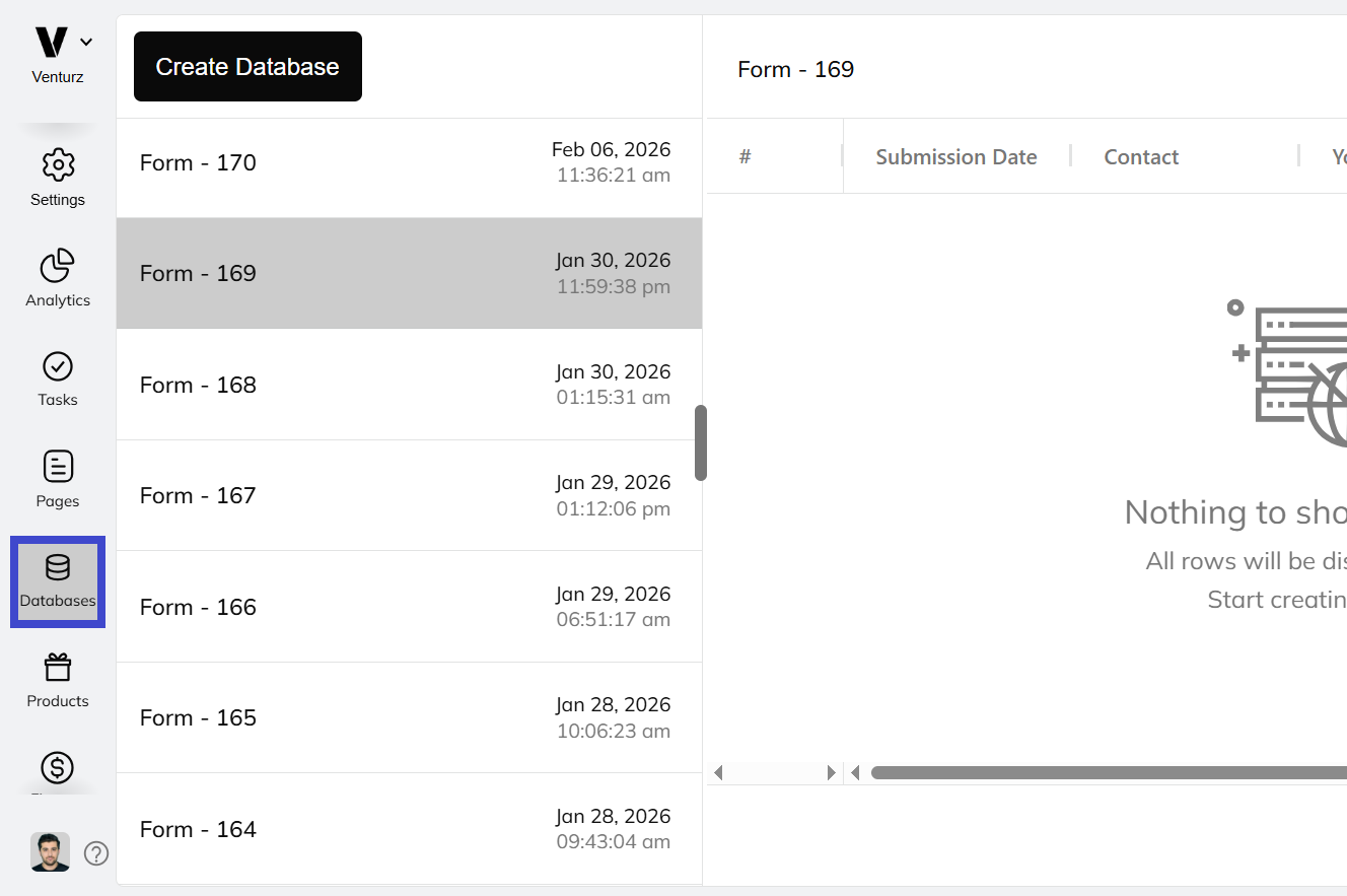 An image showing the forms submission database in Venturz database