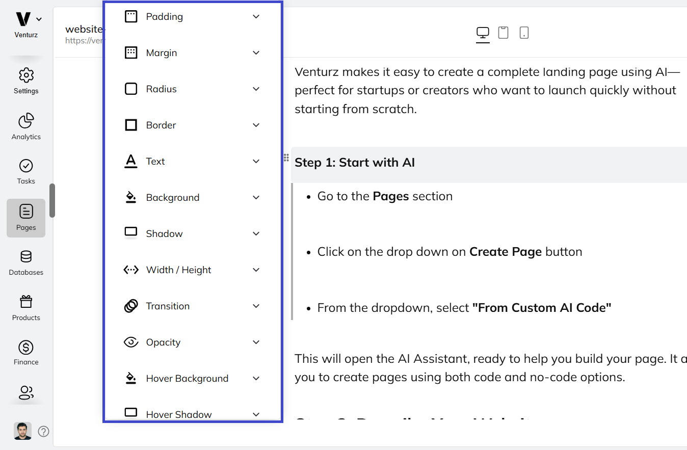 An image showing the option of customizing content blocks in Venturz website builder