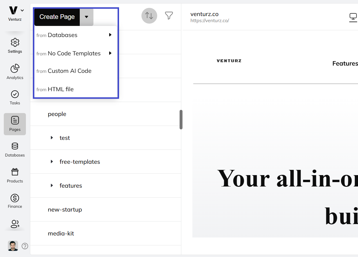 An image showing the option of creating a page in Venturz website builder