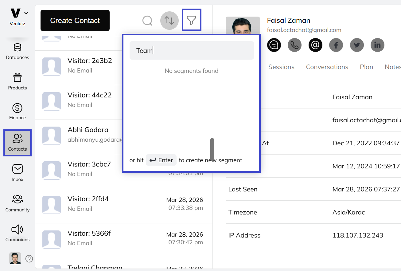 An image showing the option to create segments in Venturz CRM software
