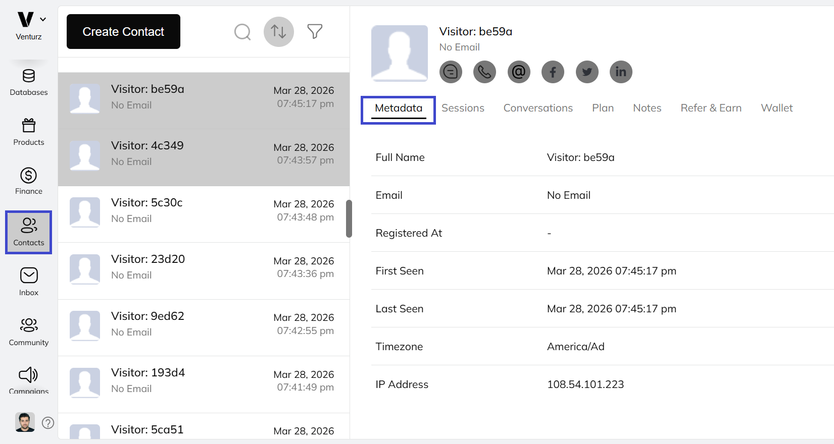 An image showing the option to track meta data of contacts in Venturz CRM software