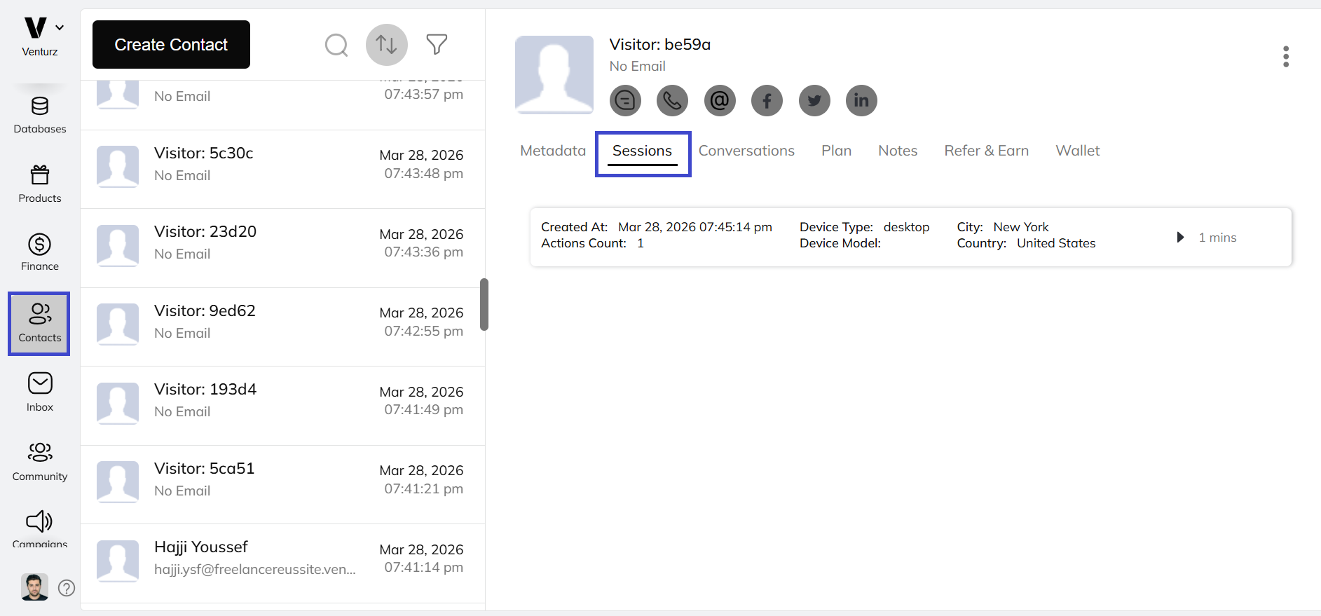 An image showing the option to track sessions of customers in Venturz CRM software