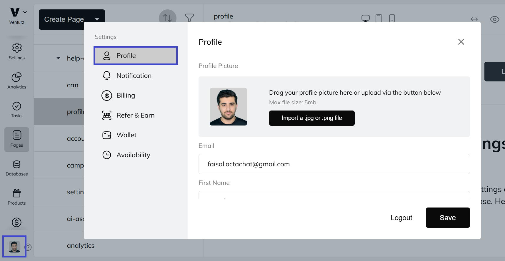 An image showing the option to set profile details in Venturz platform