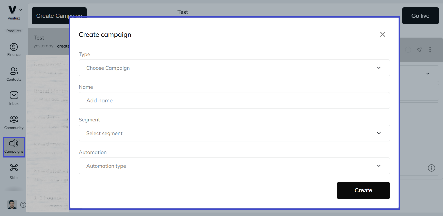 An image showing the option to create a new campaign in Venturz campaigns software