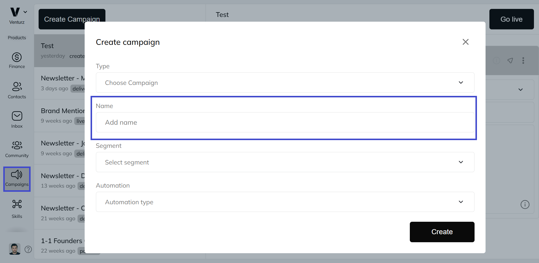 An image showing the option to name your campaign in Venturz campaigns software