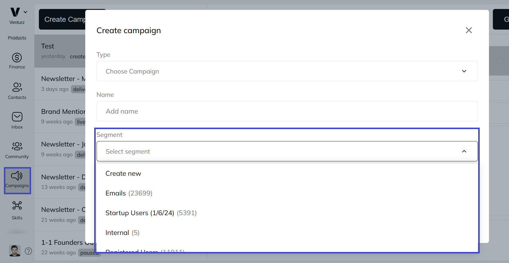 An image showing the option to select your target segment in Venturz campaigns software