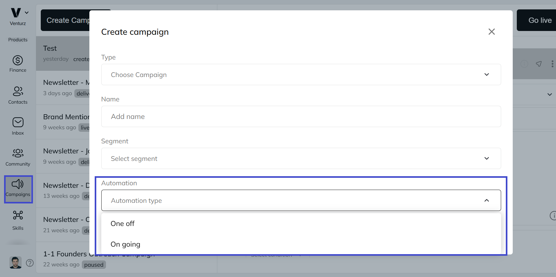 An image showing the option to Choose Automation Type – One-off vs. Ongoing in Venturz campaigns software