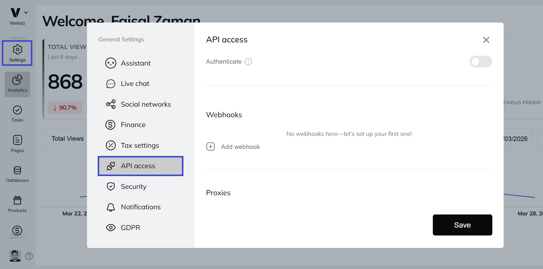 Venturz platform API access option