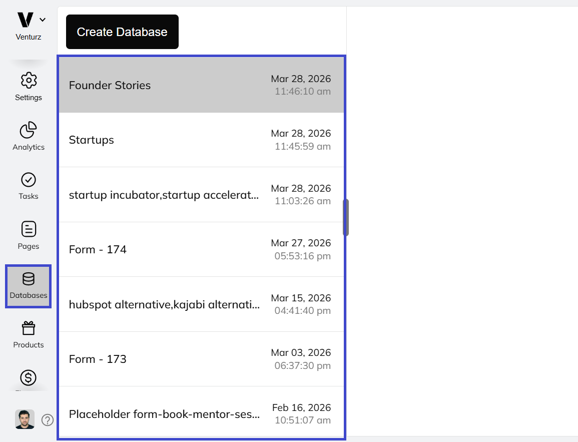 An image showing the option to collect and store data using forms in Venturz database feature