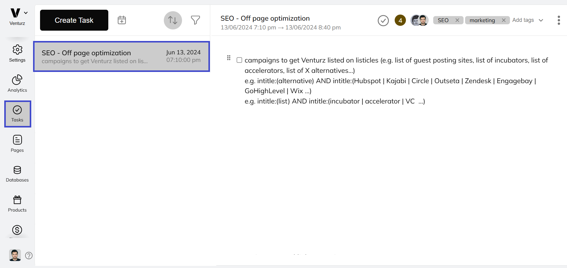 An image showing the task dashboard in Venturz project management tool