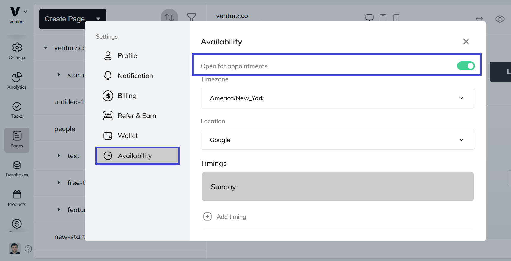 An image showing the option to enable appointments in Venturz platform