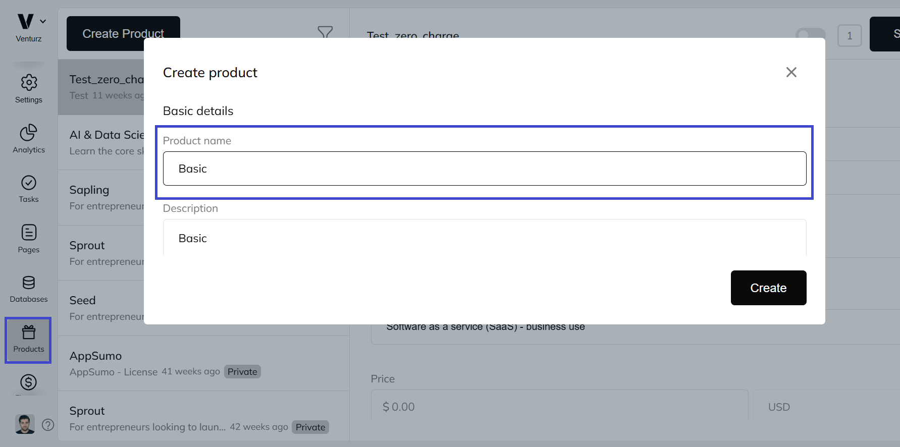 An image showing the option to add product name and description in Venturz products feature