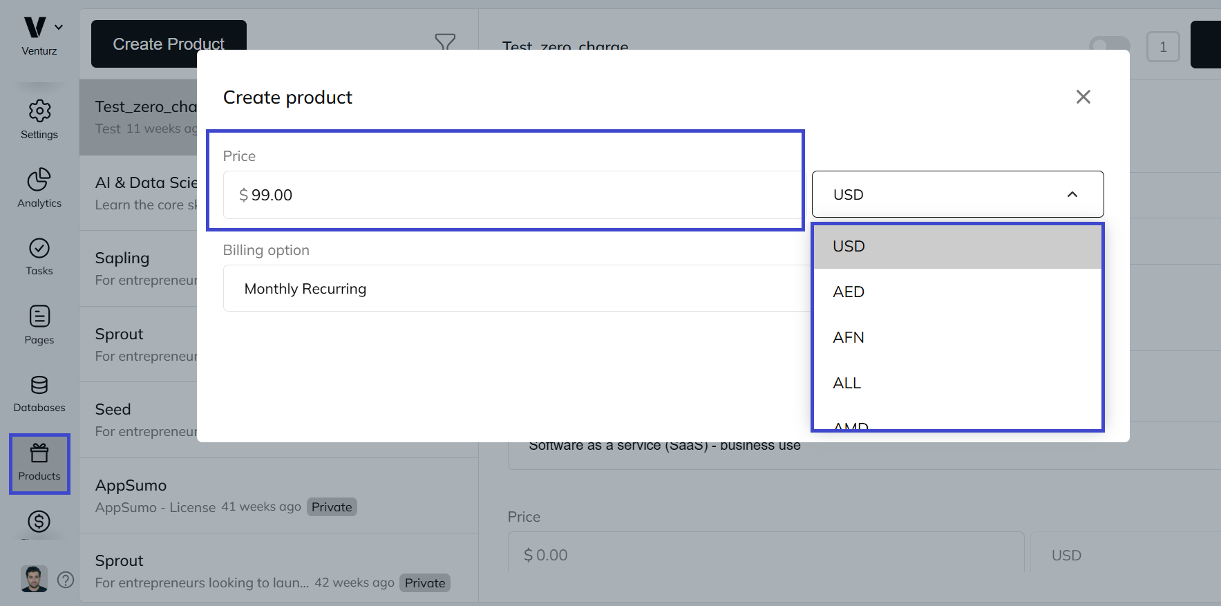 An image showing the option to set your pricing details in Venturz products feature