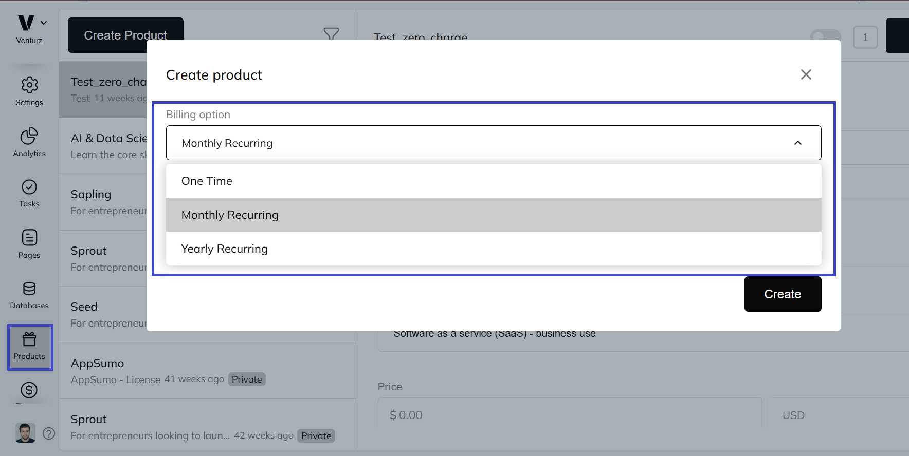 An image showing the option to choose billing type in Venturz products feature