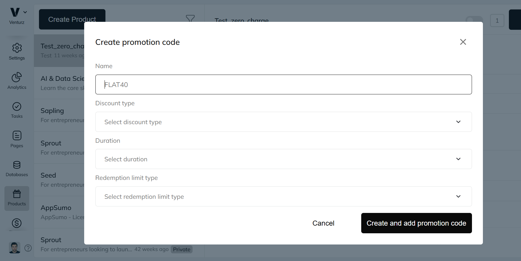 An image showing the option to enable promo codes in Venturz products feature