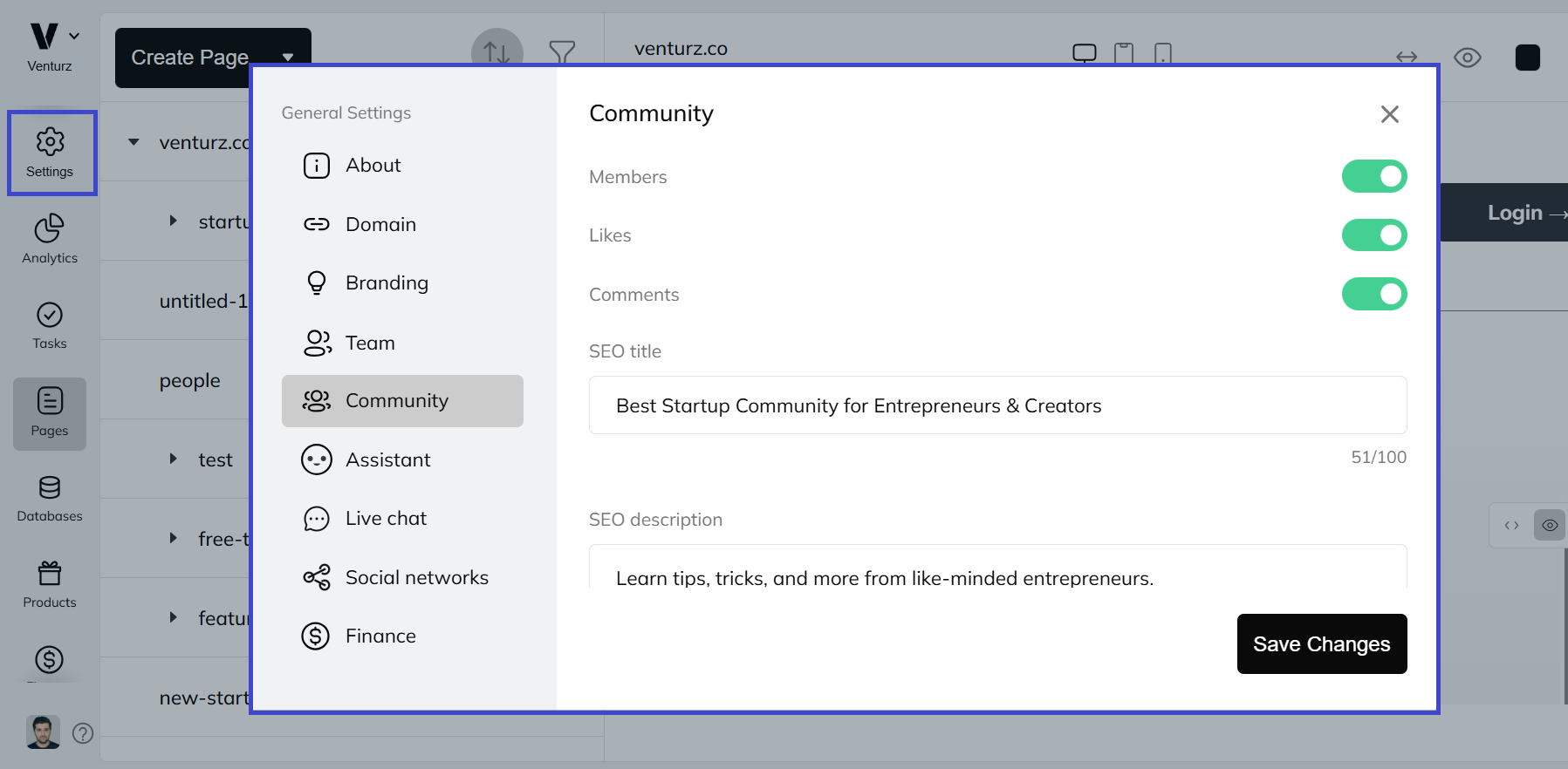 An image showing the option to setup community in Venturz platform settings