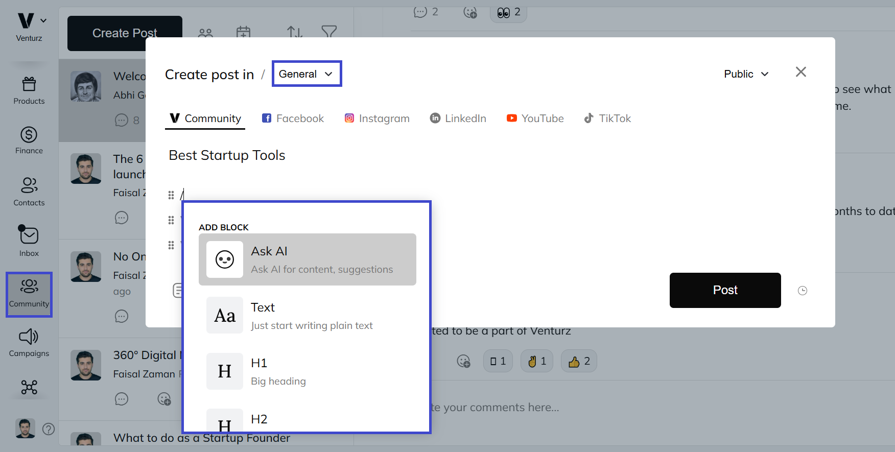 An image showing the option of posting in community in Venturz community software