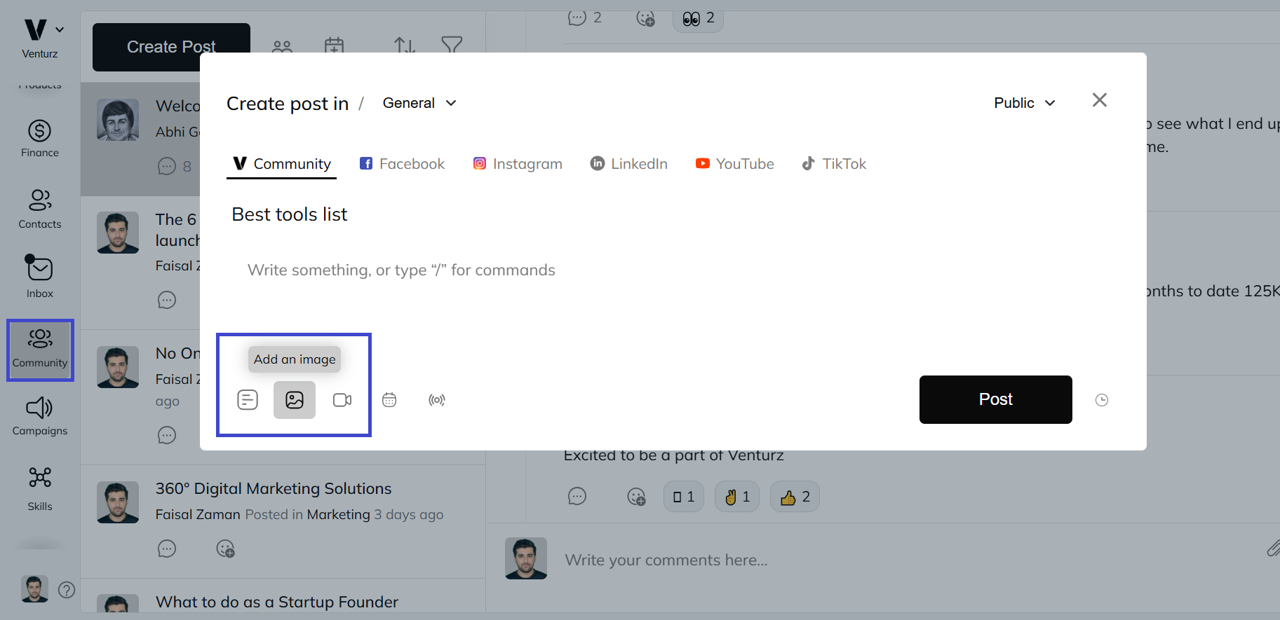 An image showing the option to upload images or videos in Venturz community software