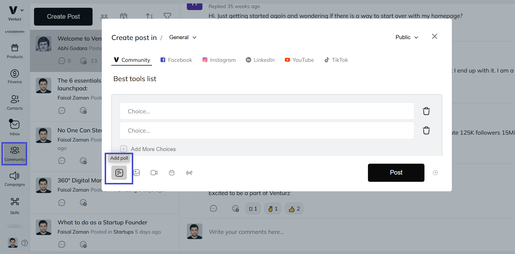 An image showing the option to create polls in Venturz community software