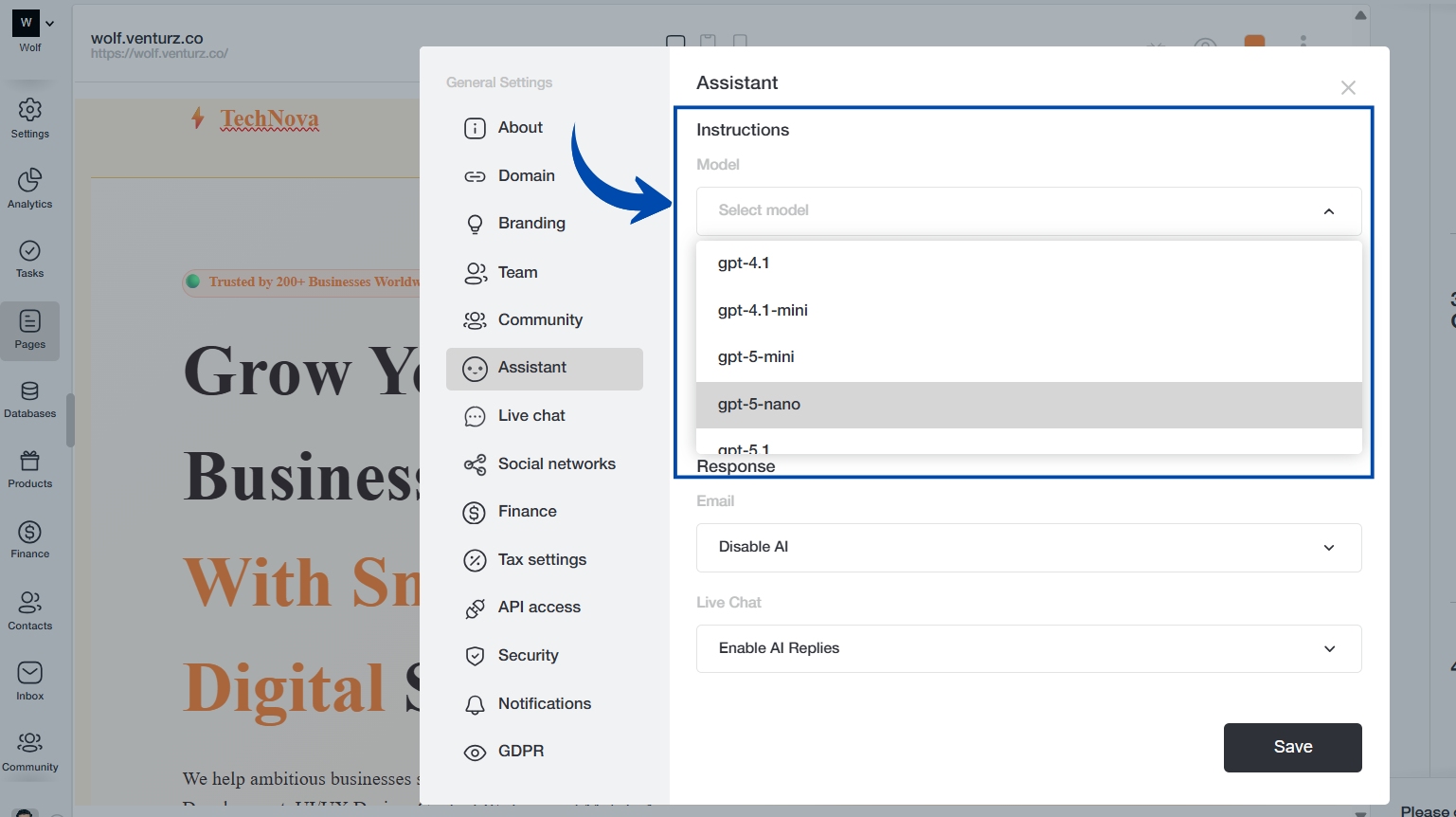 An image showing the option to set up ai assistant in Venturz platform