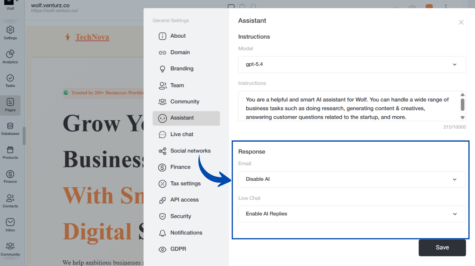 An image showing the option to automate email and live chat response in Venturz platform