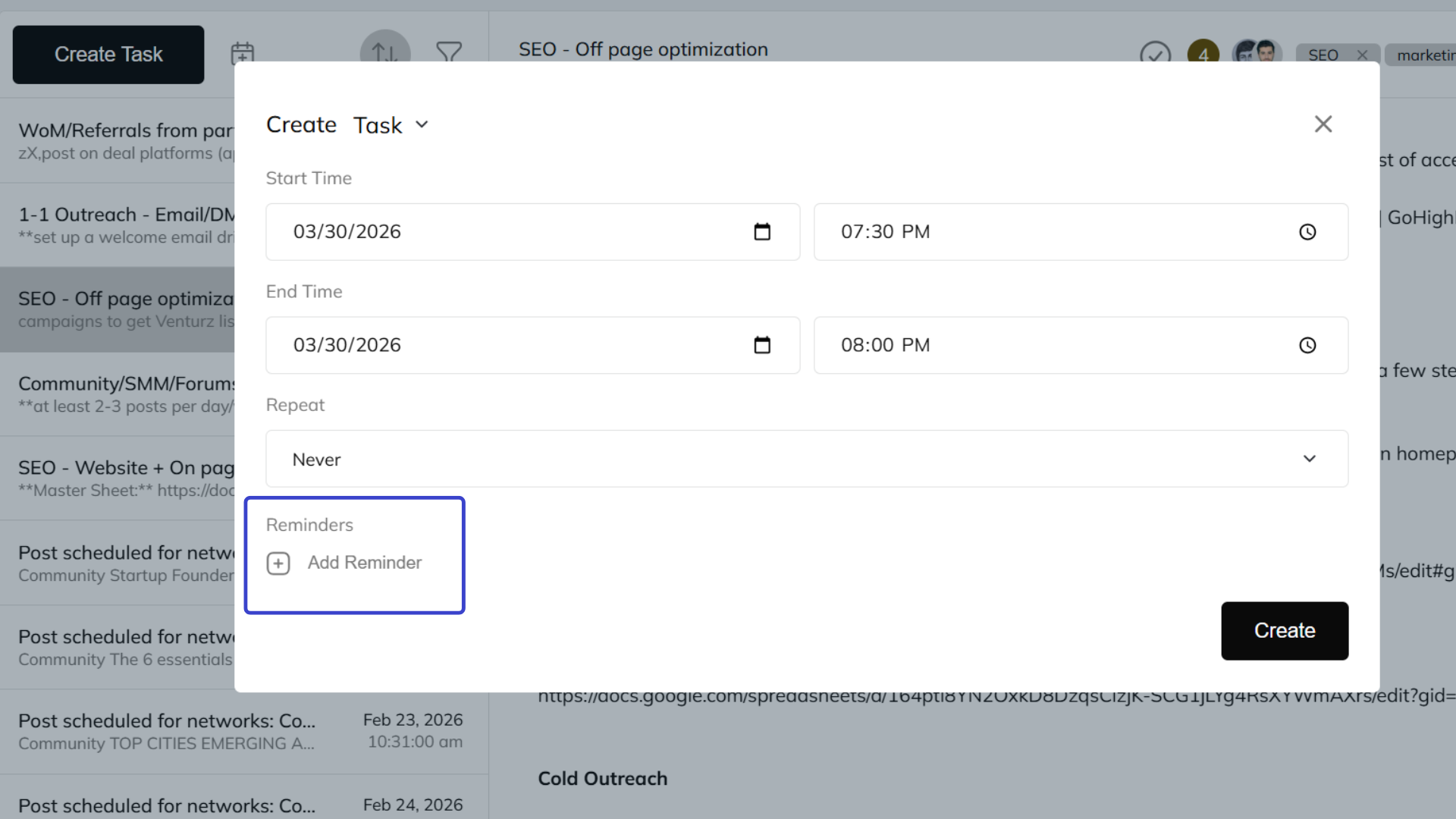 An image showing the option to set reminders for yourself and yout team by adding reminder on venturz