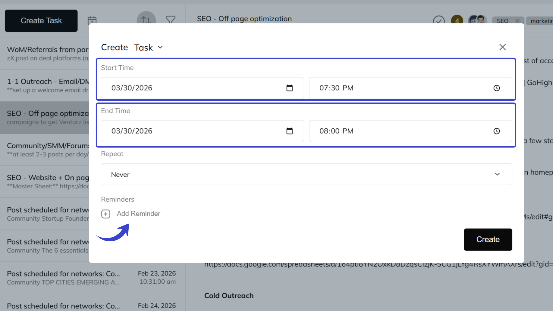 An image showing the option to add reminders using reminders on venturz