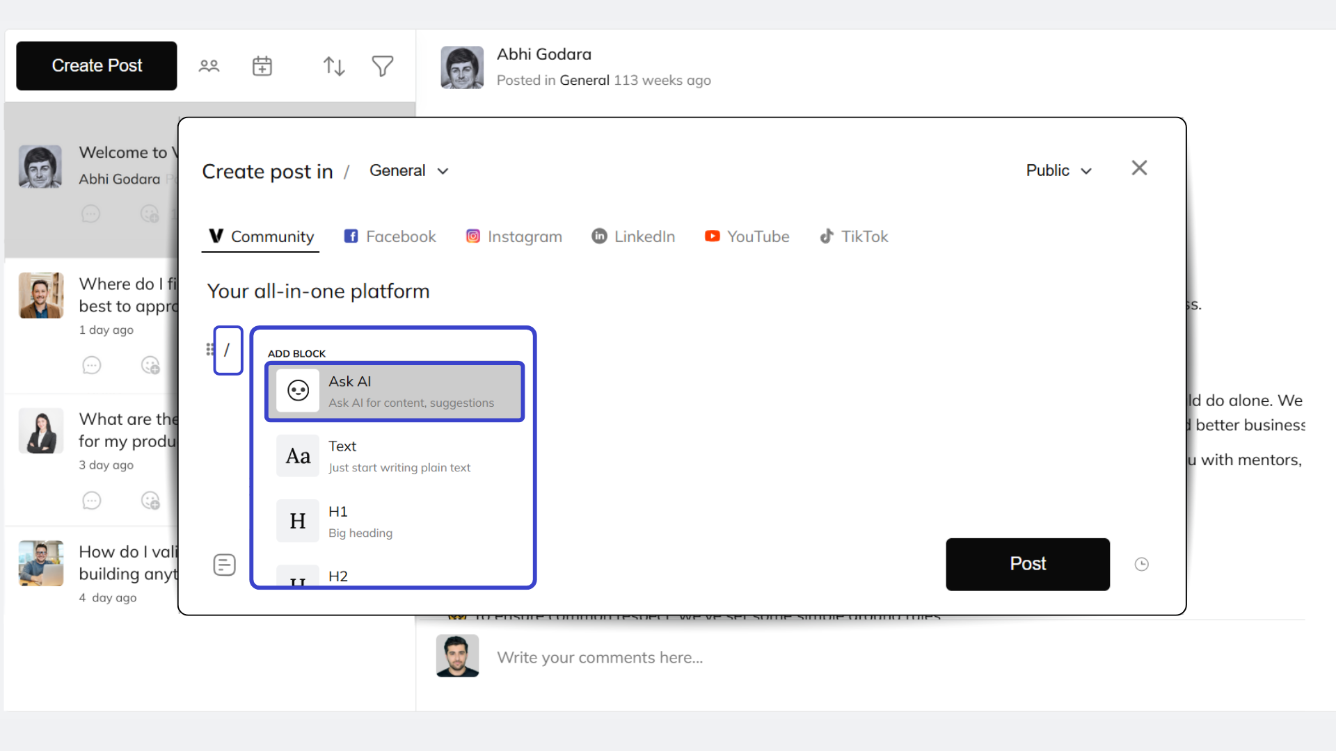 An image showing the option to create community posts using AI assistant on Venturz