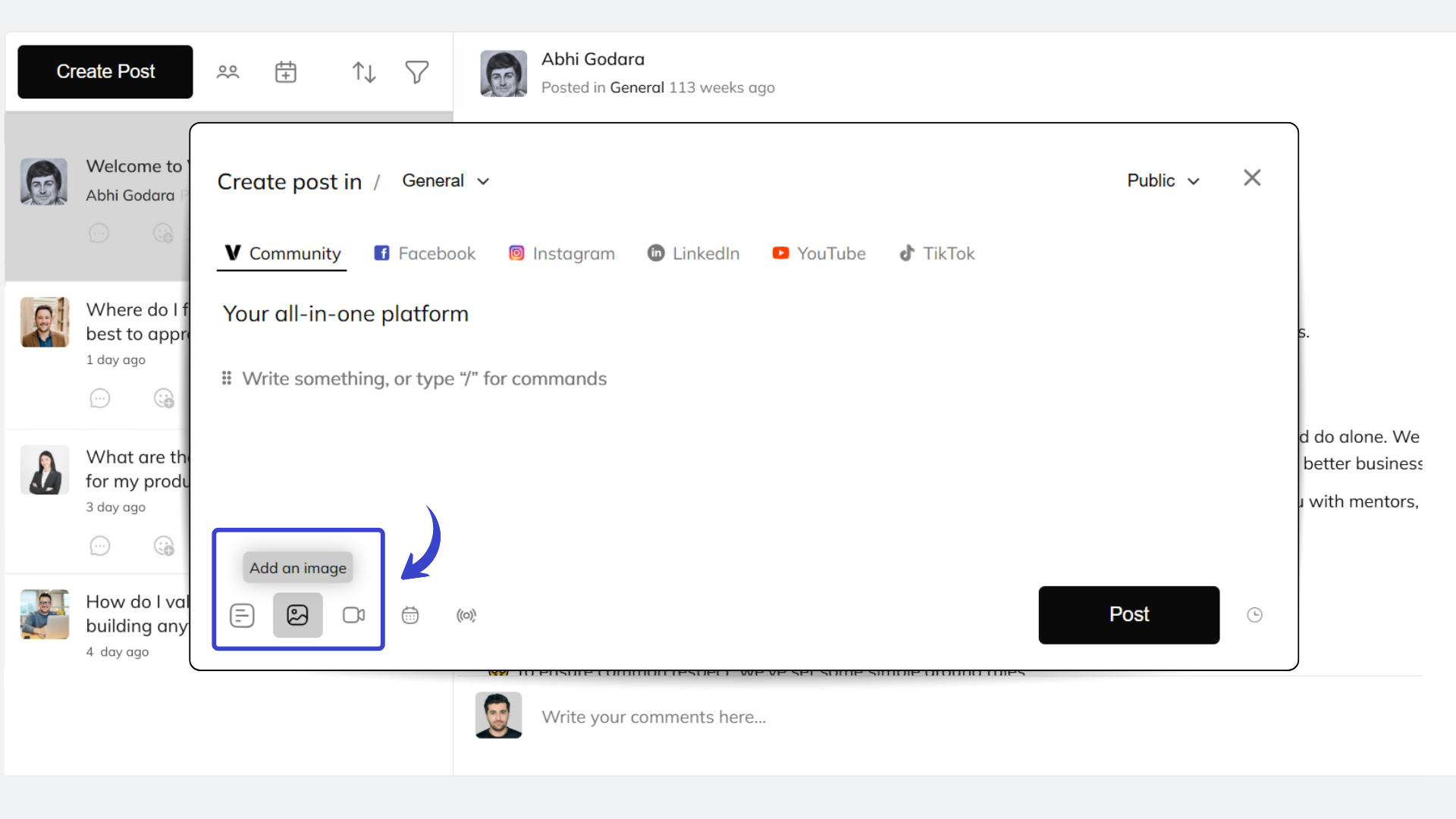 An image showing the option to add images and videos in community on Venturz