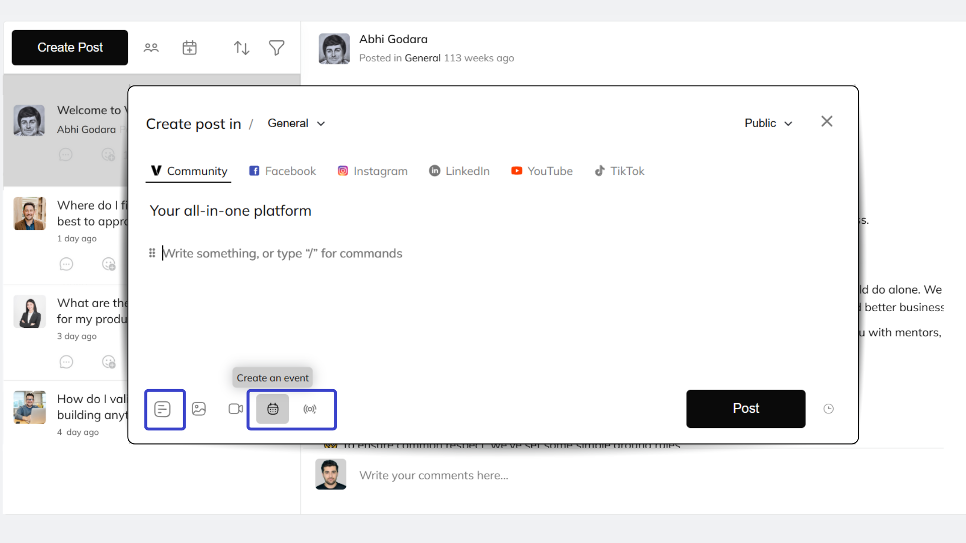 An image showing the option to create events, polls, or go live on Venturz