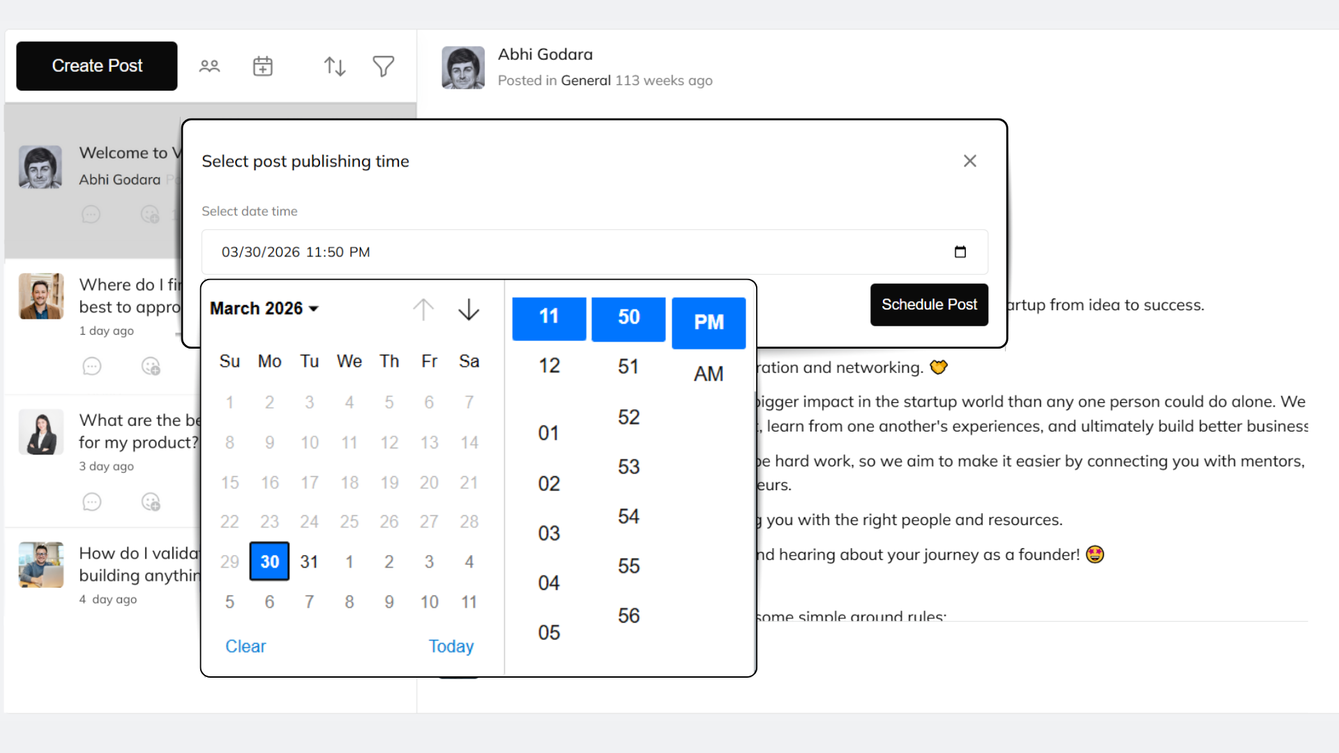 An image showing the option to schedule your post in community on Venturz