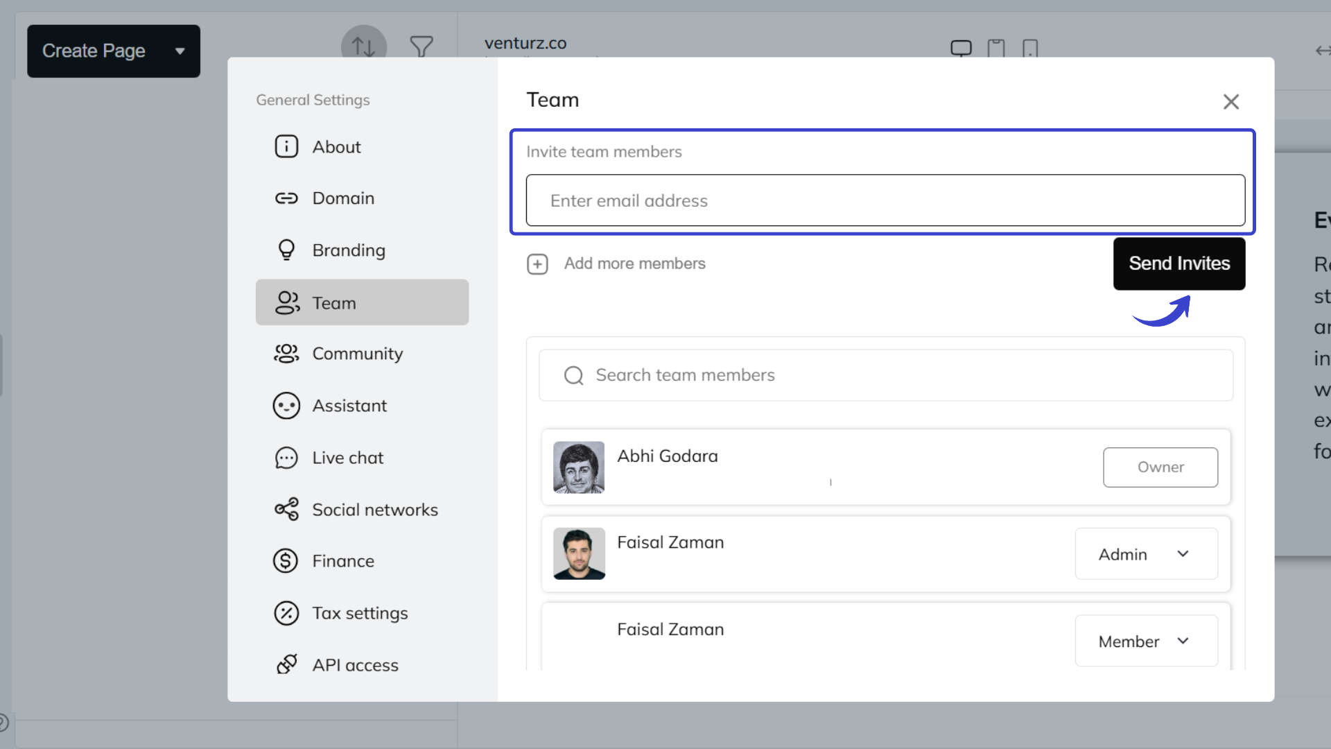 An image showing the option to add users to your community on Venturz