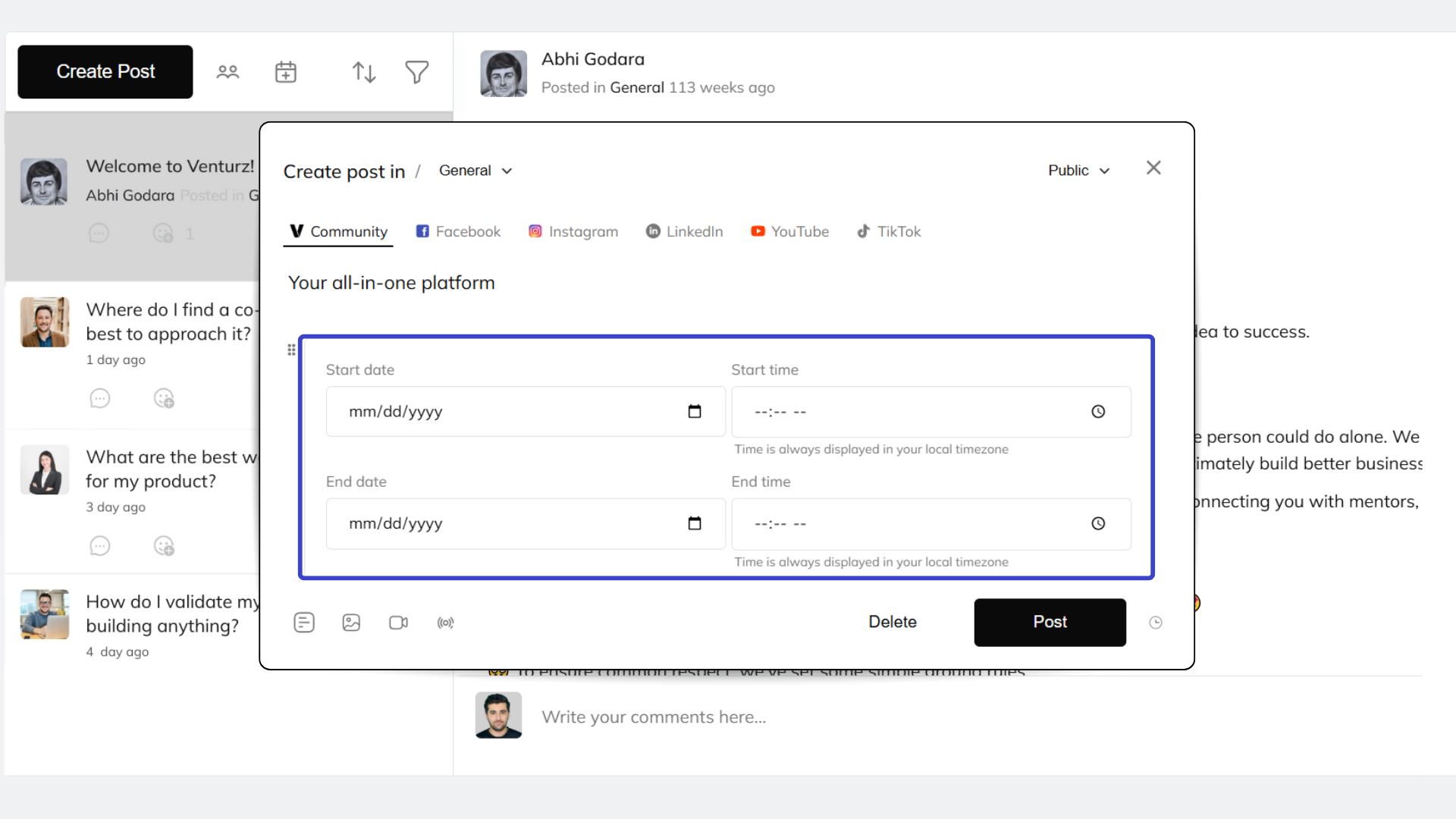 An image showing the option to create online events on Venturz