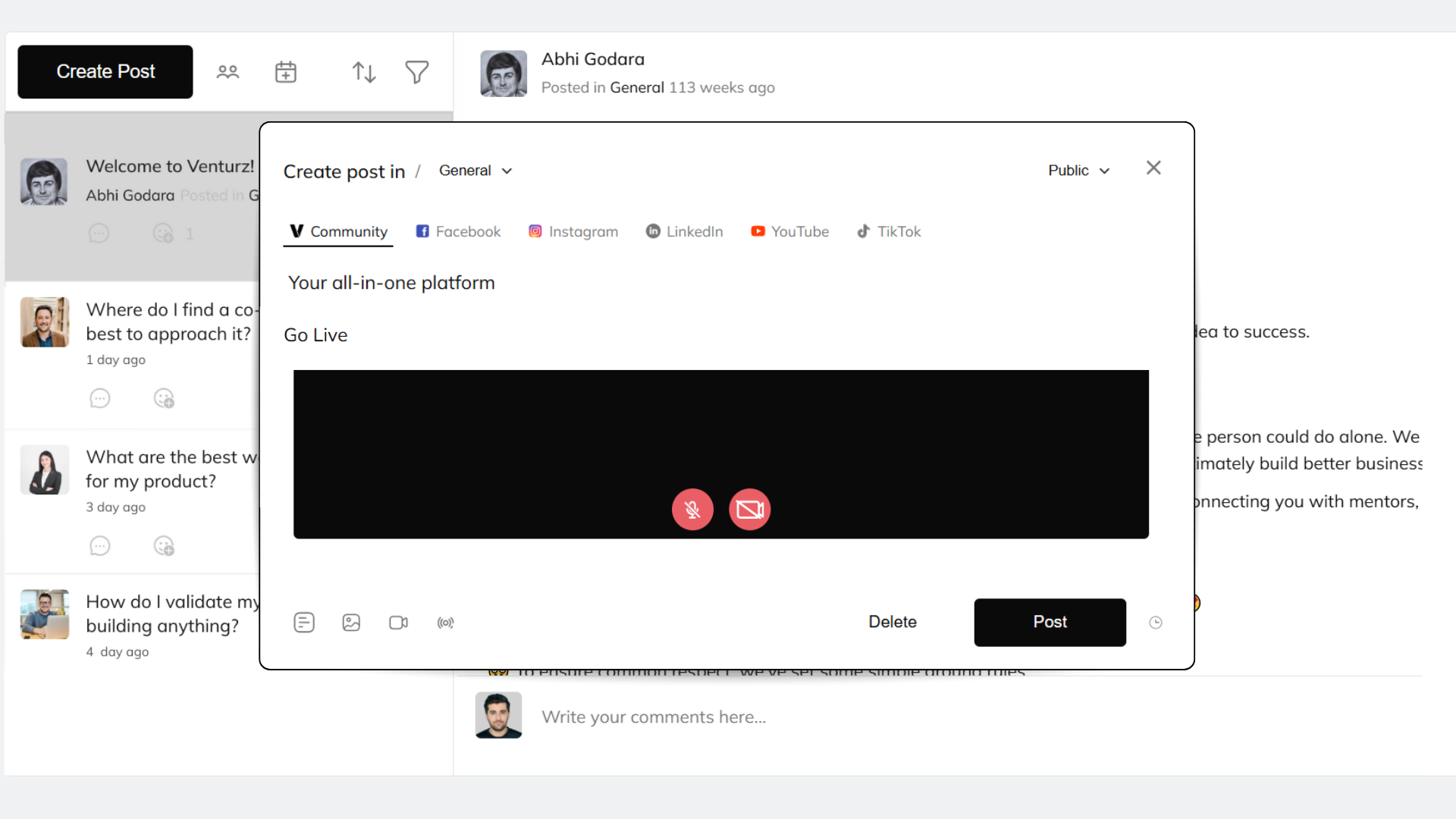 An image showing the option to start live streaming on Venturz