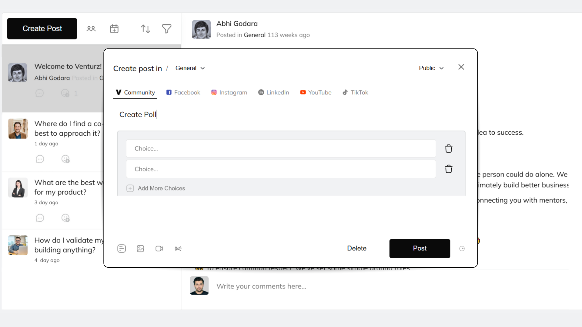 An image showing the option to create different types of polls in community on Venturz
