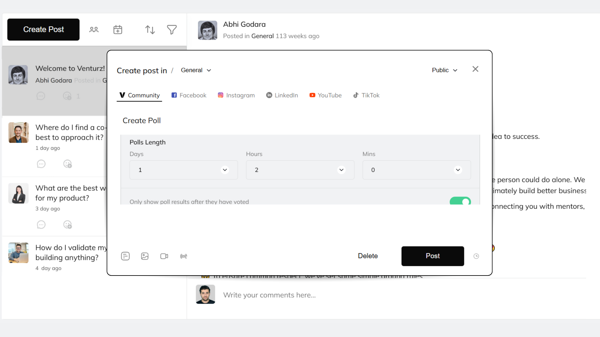 An image showing the option to add text responses and set logics in community on Venturz