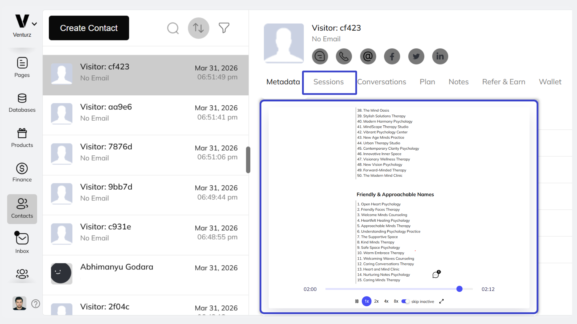 An image showing the user time spent on website and details in CRM on Venturz