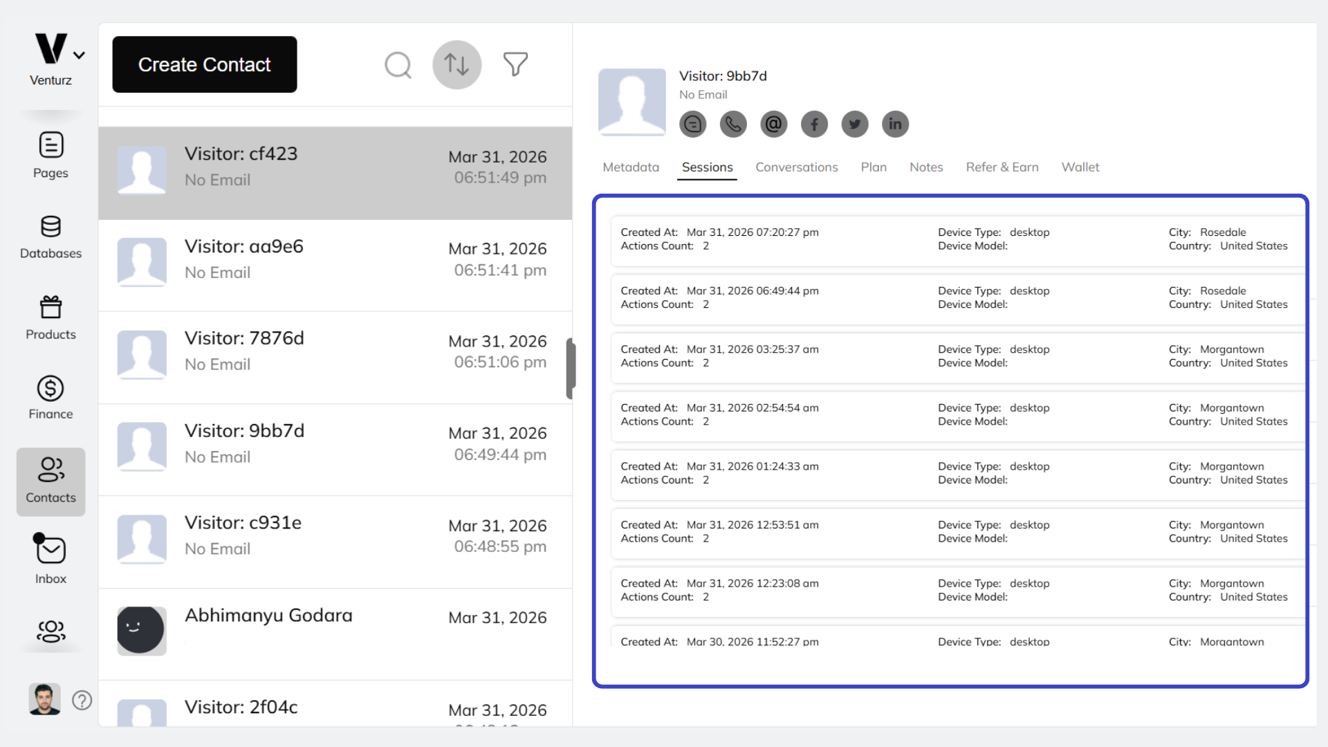 An image showing the option to track interactions and communication in CRM on Venturz