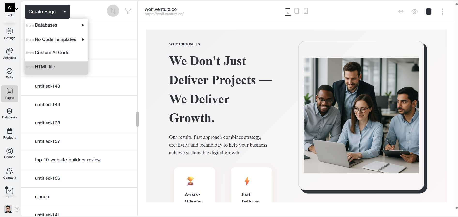 An image showing the management dashboard on Venturz