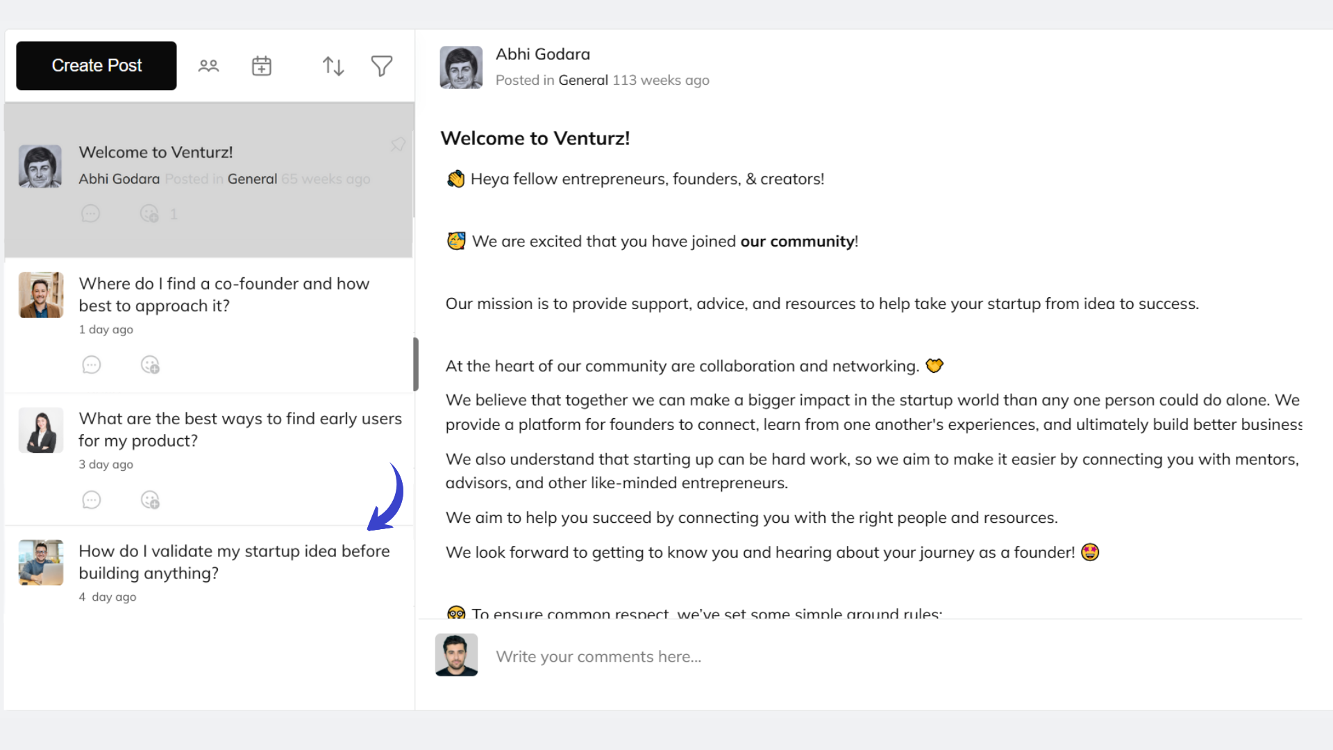 An image showing the option to create communities on Venturz