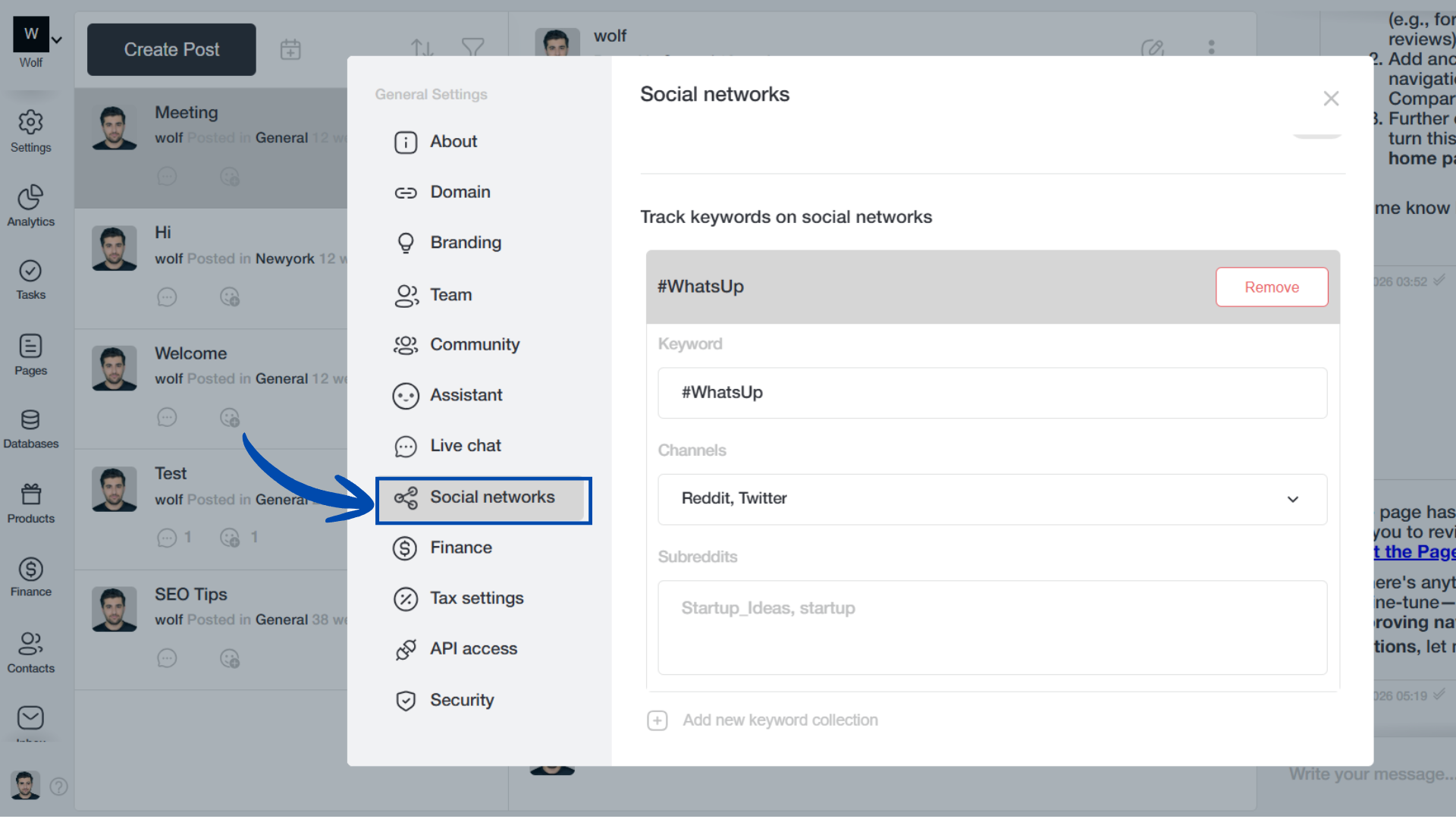 An image showing the option to connect social listening tool in Venturz platform settings